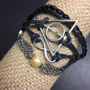 Harry Potter Bracelet Deathly Hallows Black Leather Quidditch Ball Infinity Pear